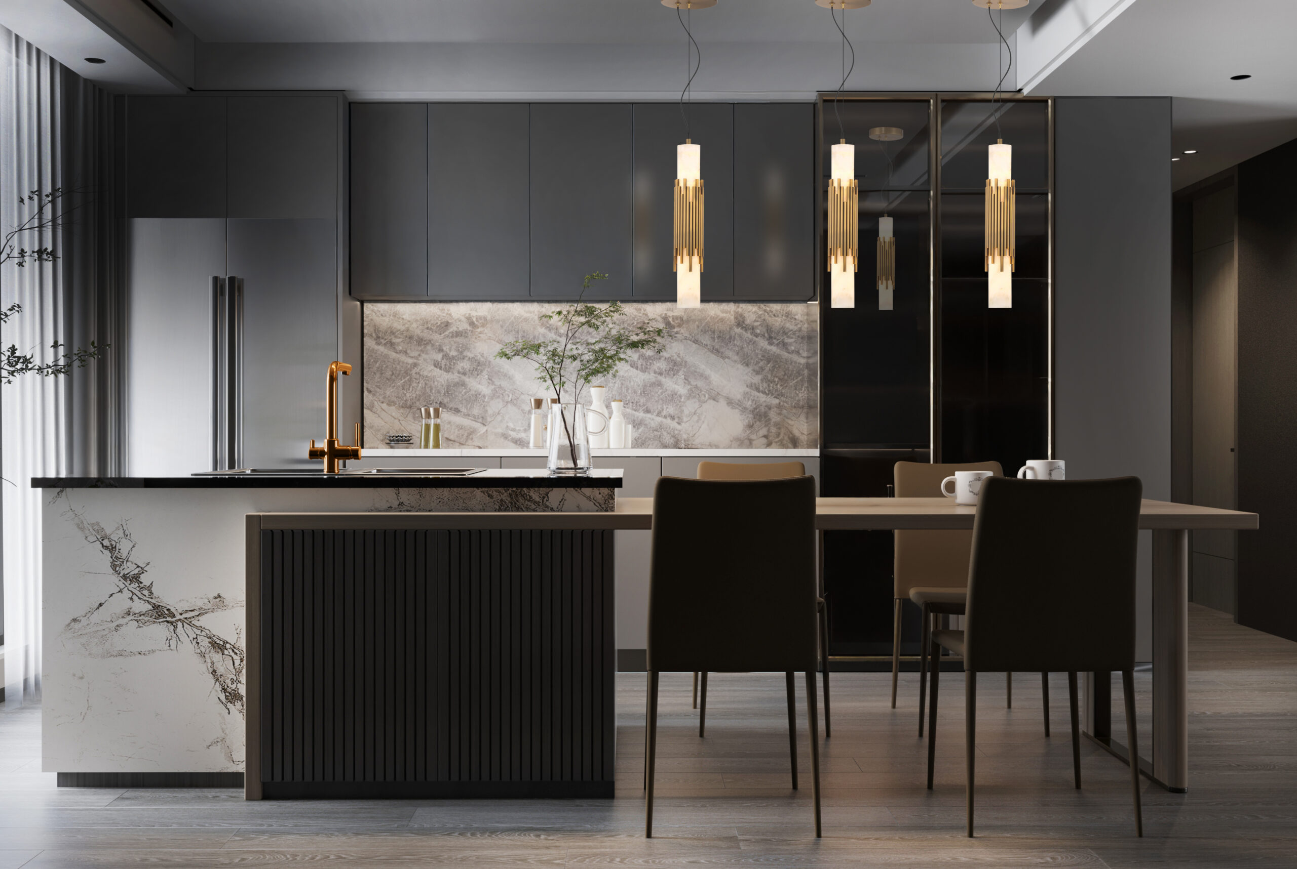 Venna Antique Brass alabaster pendant installed in interior setting