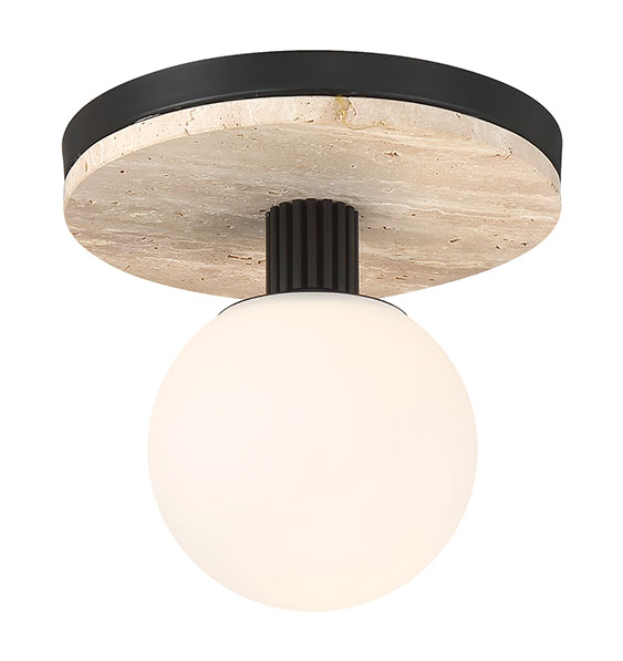 Carnagie Matte Black semi-flush mount with opal etched glass and natural stone canopy