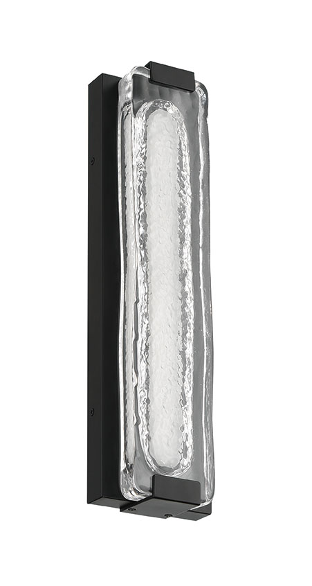 Unlit Hiltic outdoor wall sconce showing its clear cast glass and minimal Matte Black supports