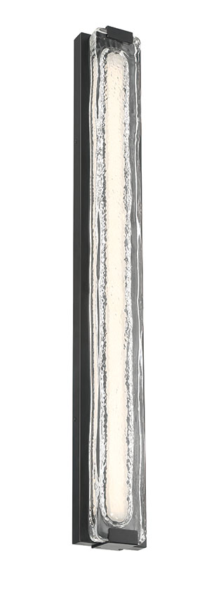 Hiltic 36-inch Matte Black outdoor wall sconce with illuminated textured cast glass viewed from an angle
