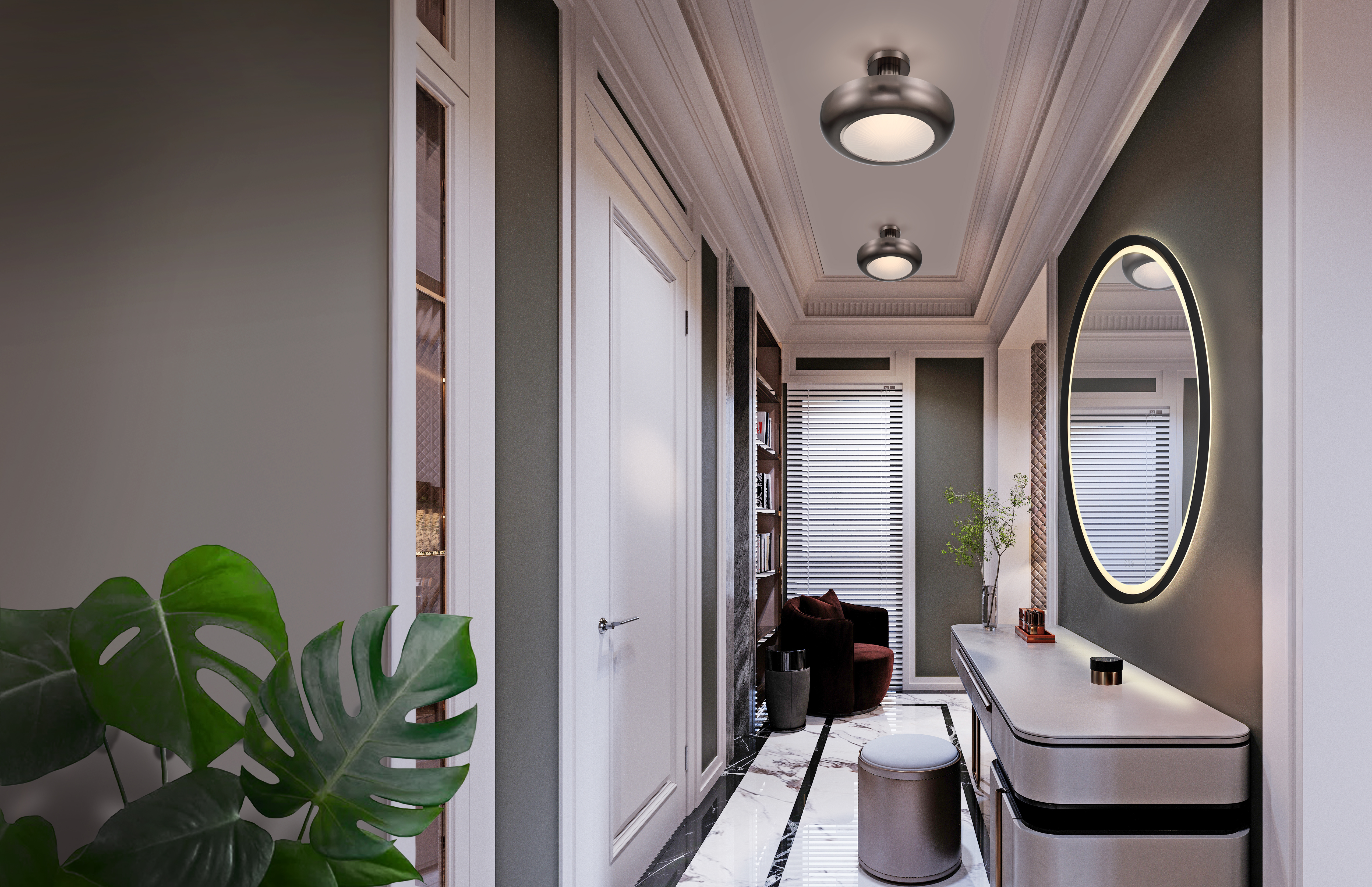 Macey bronze semi-flush mounts illuminating a refined interior corridor