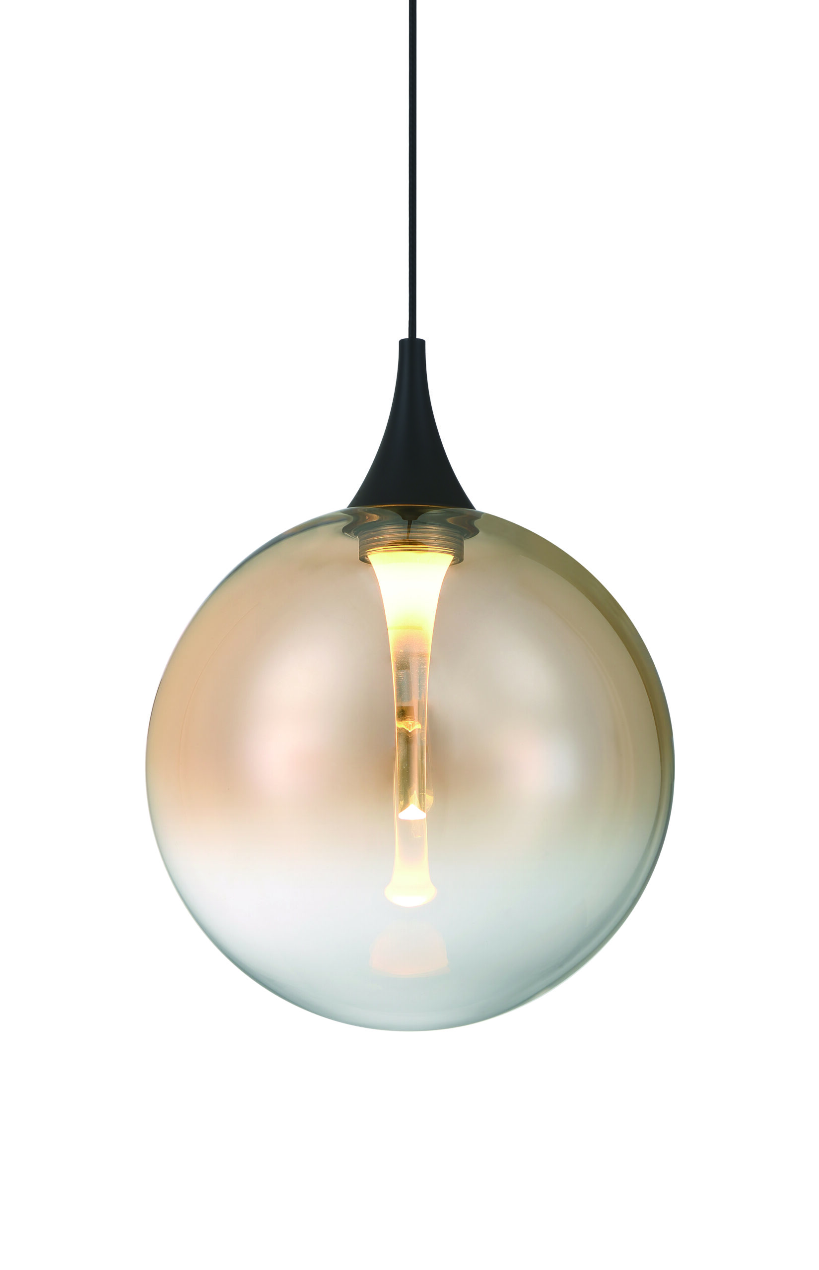 IISSA Gold pendant with amber glass globe and glowing inner light guide