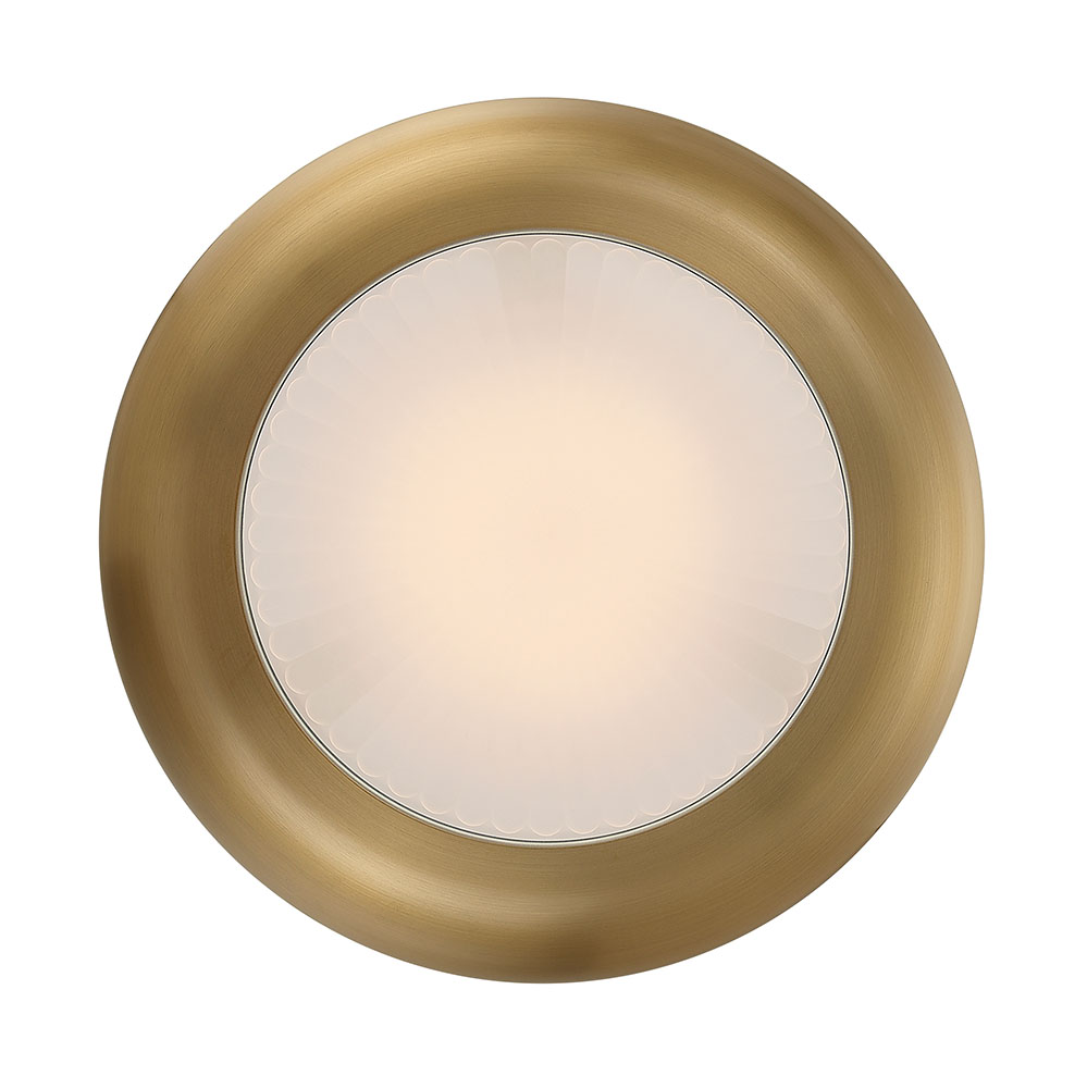 Macey Antique Brass semi-flush mount viewed from below with antique-ribbed pressed glass