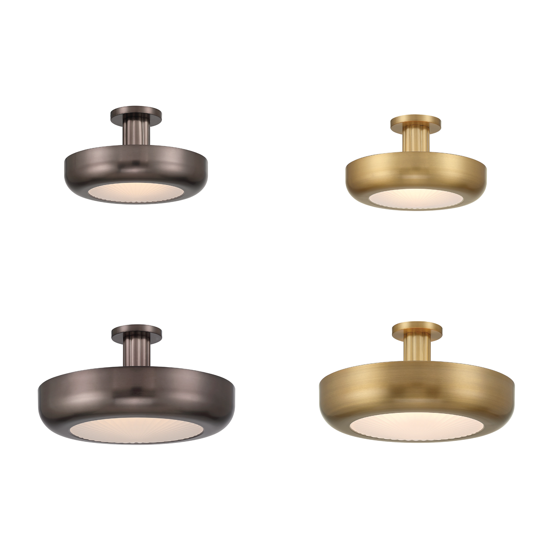 Macey Harlow Bronze semi-flush mount viewed from below with illuminated pressed glass