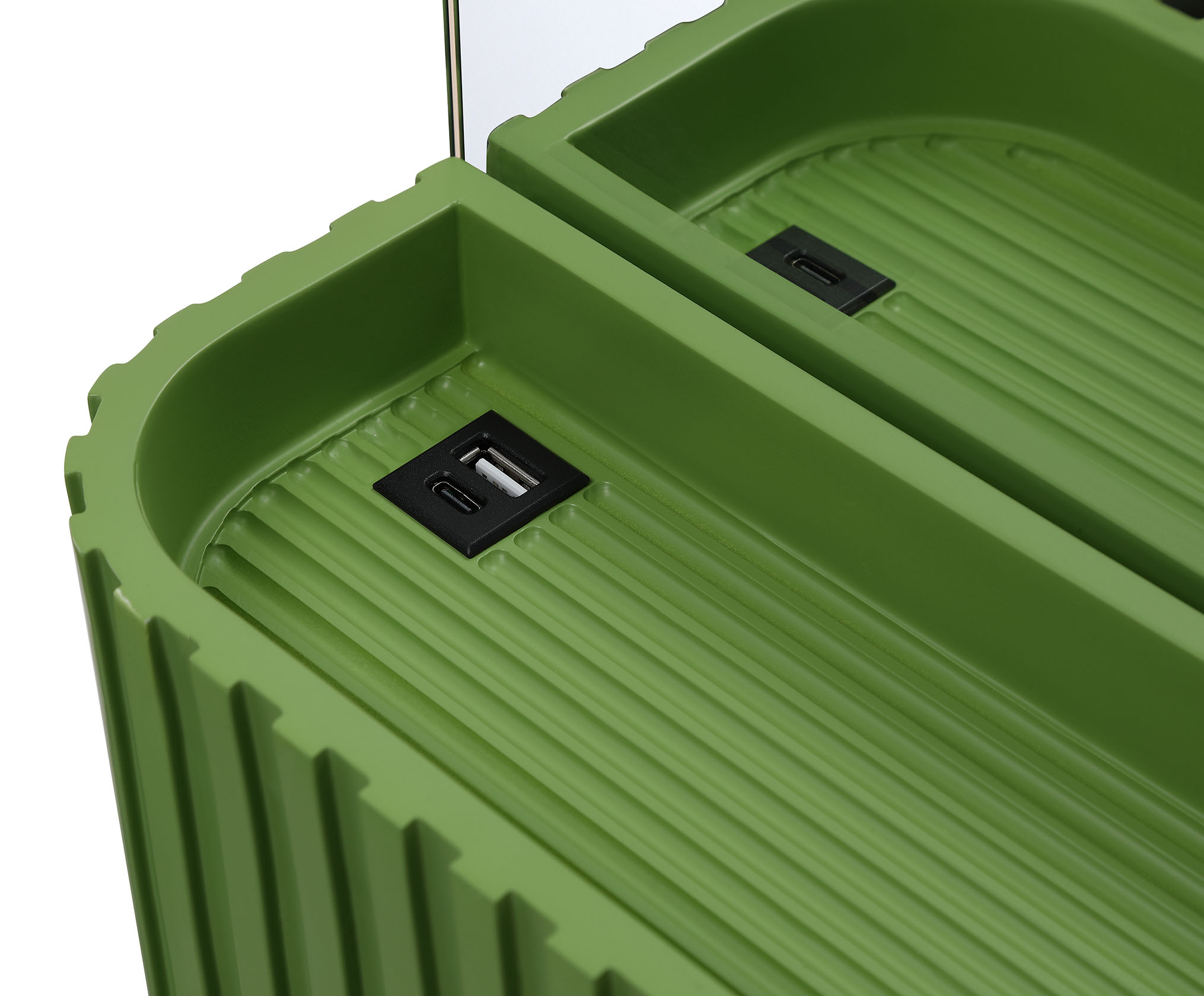Close-up of the USB-A and USB-C ports integrated into the Tendril Green shelf of the Erabel mirror