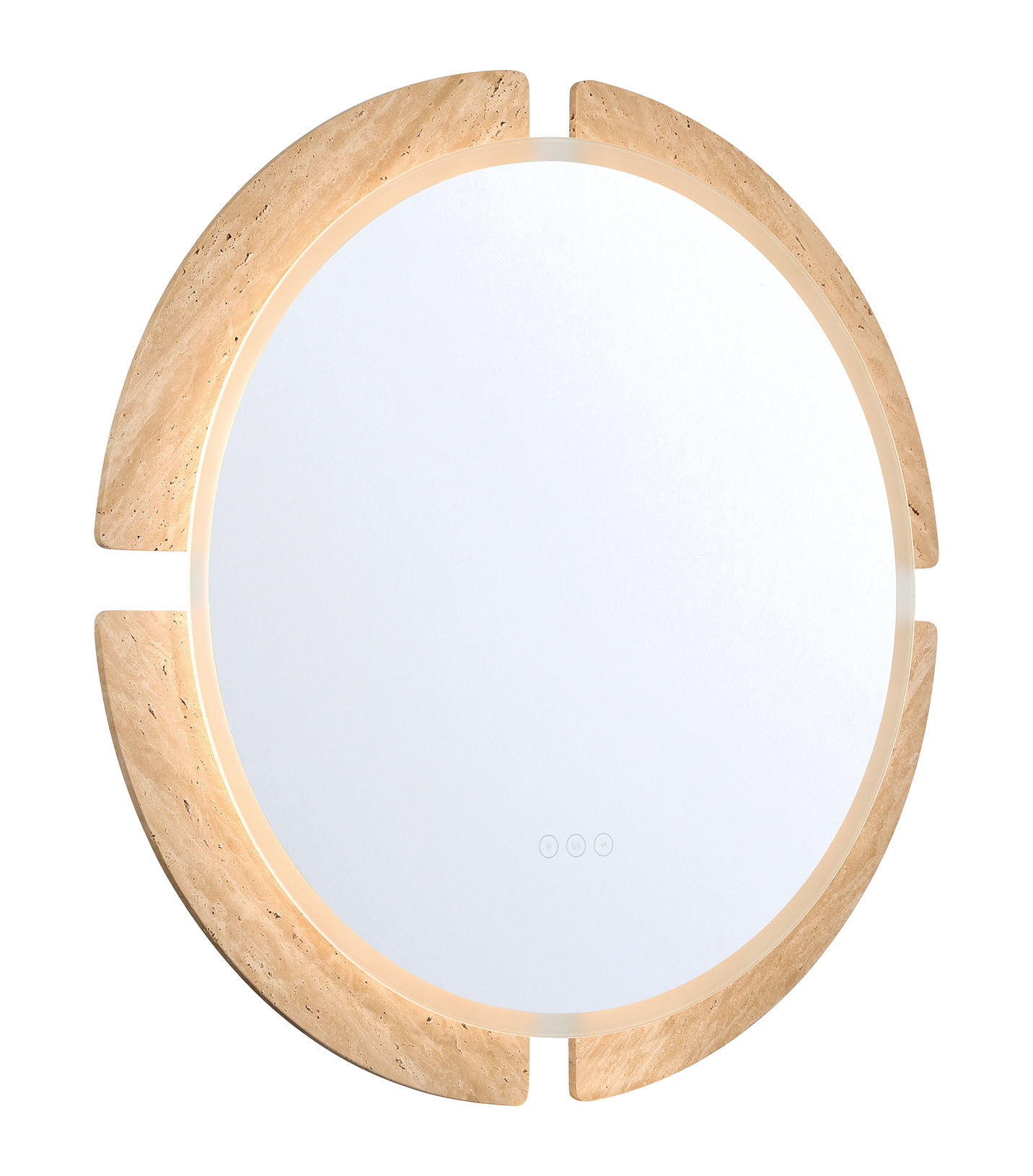 Angled view of the 30-inch Sadona round LED mirror in a Travertine finish